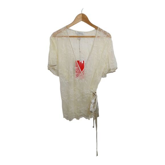 Diane Von Furstenberg DVF Women's Size 1X Lace Wrap Top Silk FLAWED Ivory Color - Picture 14 of 14